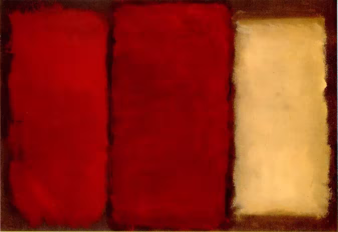 Cuadro de Mark Rothko con dos campos rojos intensos y uno amarillo pálido sobre fondo oscuro