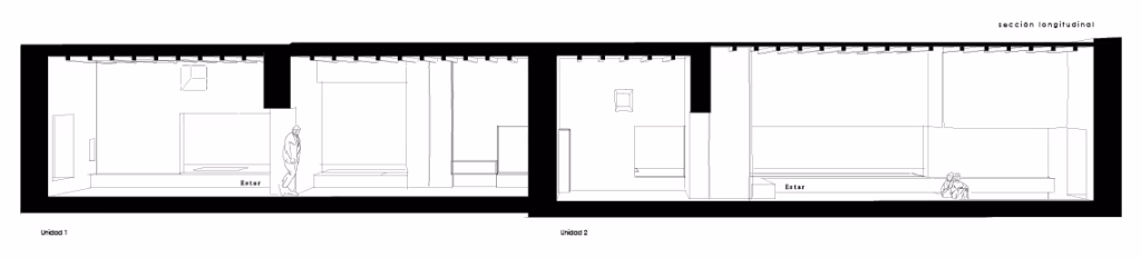 Sección longitudinal de Buenavista Suites mostrando las dos suites y sus estancias interiores