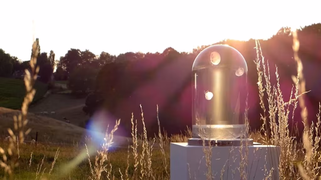 Acuario de medusas The Darwin Tank sobre un pedestal en un prado con destellos del sol poniente