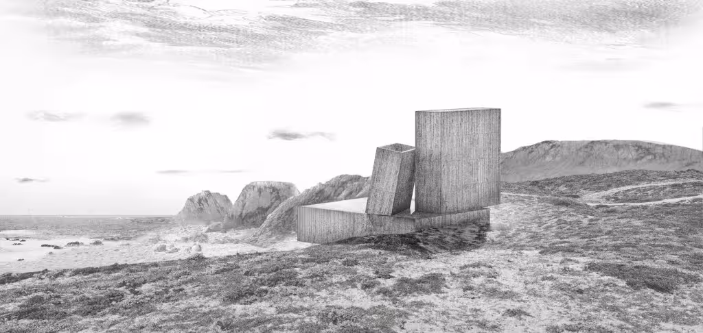 Render en blanco y negro de una casa de Alejandro Aravena en Ocho Quebradas, bloques de hormigón junto al mar