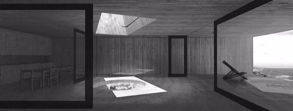 Render de una sala de hormigón con lucernario y hogar en el suelo en la casa de Aravena en Ocho Quebradas