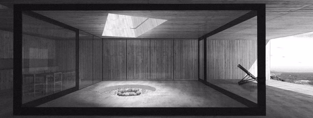 Render de la sala central de hormigón en Ocho Quebradas con marco acristalado y fuego bajo el lucernario