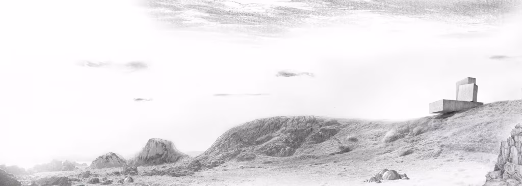 Render en grises de la casa de Aravena en Ocho Quebradas, pequeña sobre un promontorio costero
