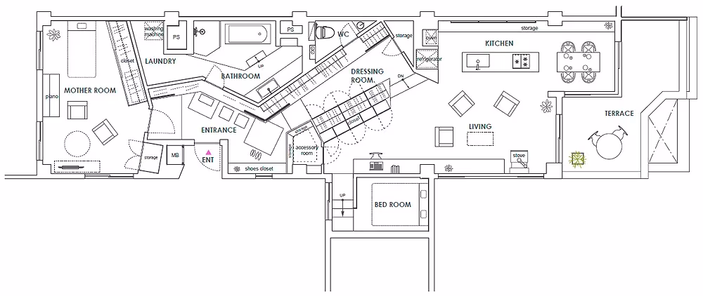 Planta reformada del apartamento de Jiyugaoka con el vestidor en zigzag en el centro