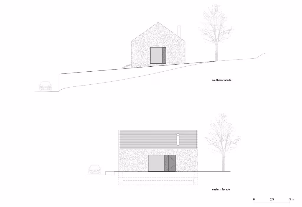 Alzados sur y este de la Karst House de Dekleva Gregorič Architects con cubierta a dos aguas