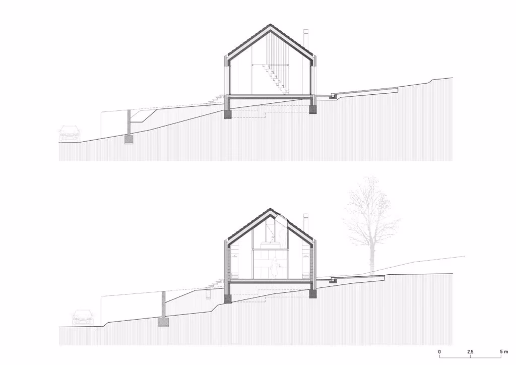 Dos secciones de la Karst House en Eslovenia mostrando la cubierta a dos aguas y la pendiente del solar