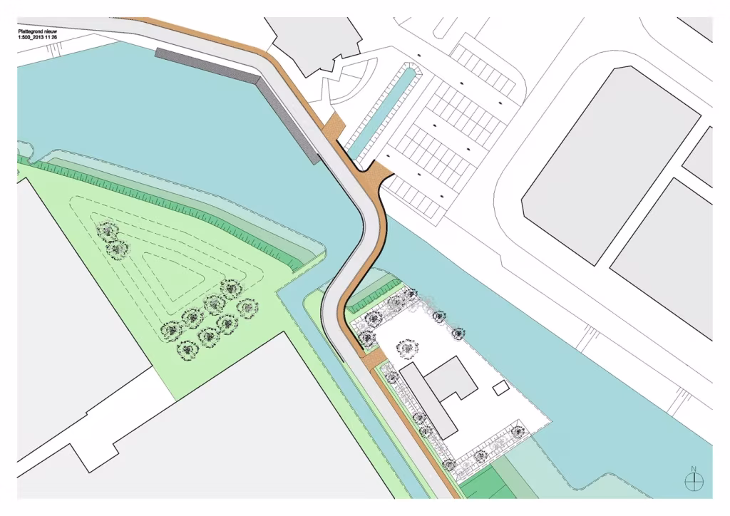 Plano de emplazamiento del puente Vlotwateringbrug con el canal, el sendero y los árboles plantados