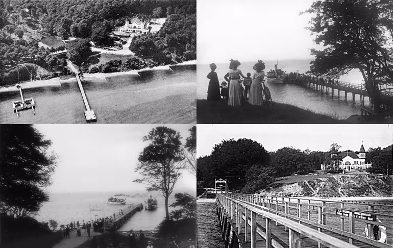 Fotografías antiguas en blanco y negro de muelles de madera y bañistas en la costa de Aarhus