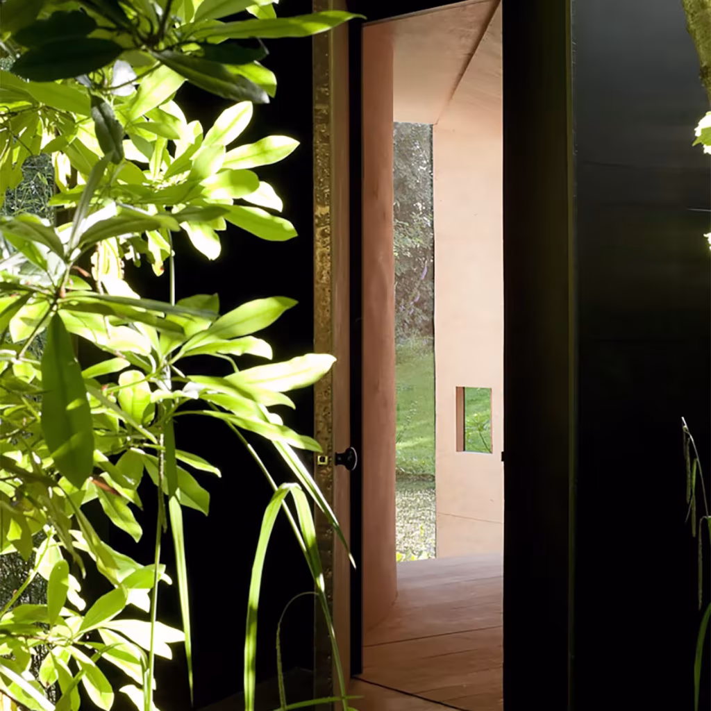Entrada a la Forest Pond House entre hojas verdes, con interior de contrachapado y pequeña ventana cuadrada
