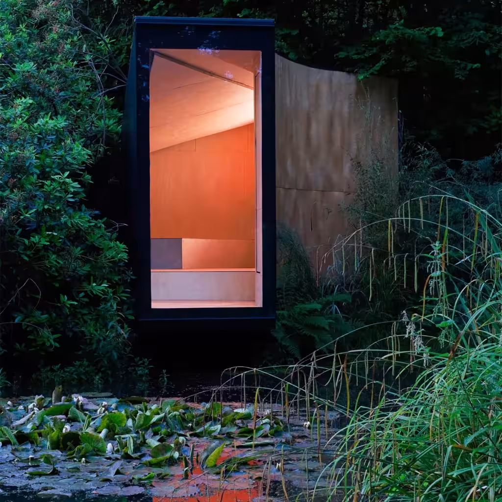 Forest Pond House de TDO Architecture iluminada en naranja al anochecer sobre el estanque entre helechos