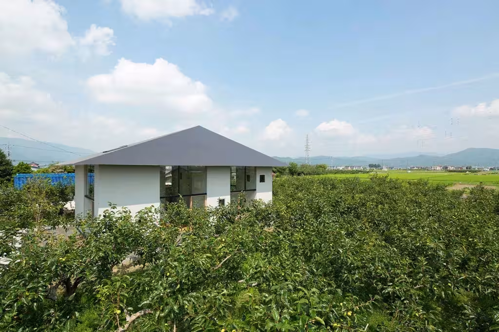 Casa Ohno en Gifu con cubierta a cuatro aguas gris rodeada por un huerto de caquis y montañas al fondo