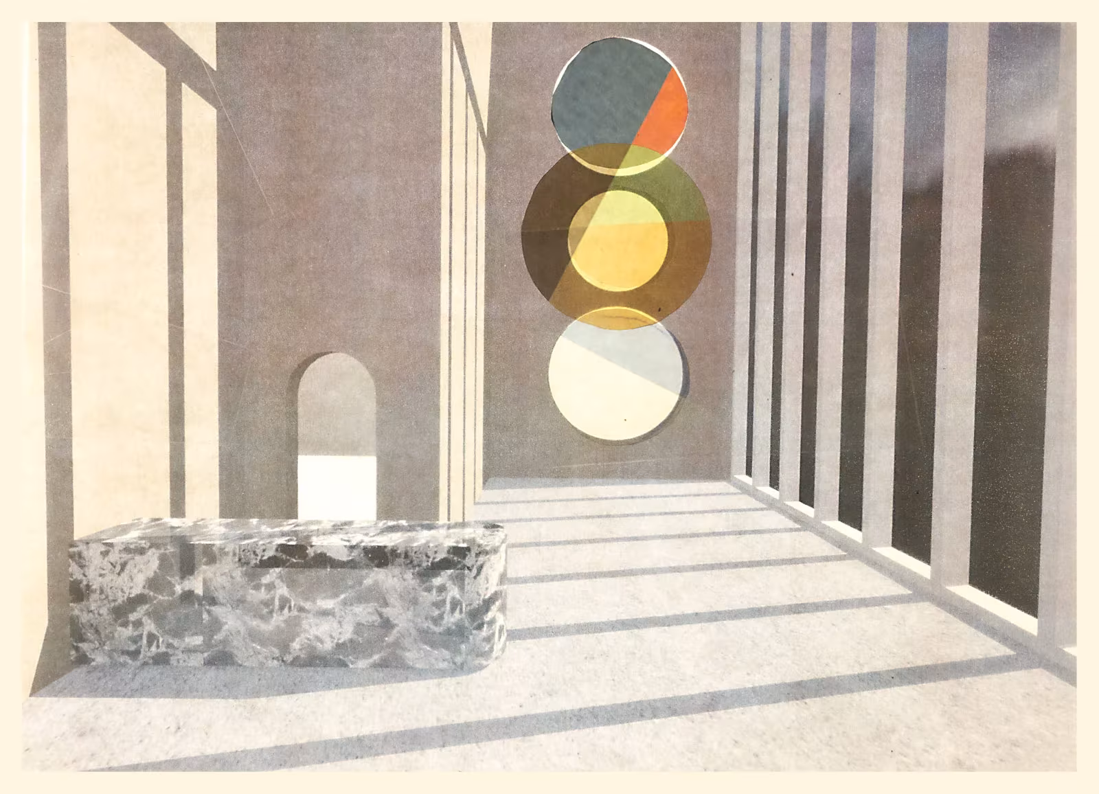 Instalación de Wave & Particle con discos de colores translúcidos sobre un muro y un banco de piedra