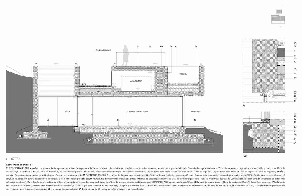 Sección de la casa de Montaria con la piscina elevada sobre el tejado y detalle constructivo