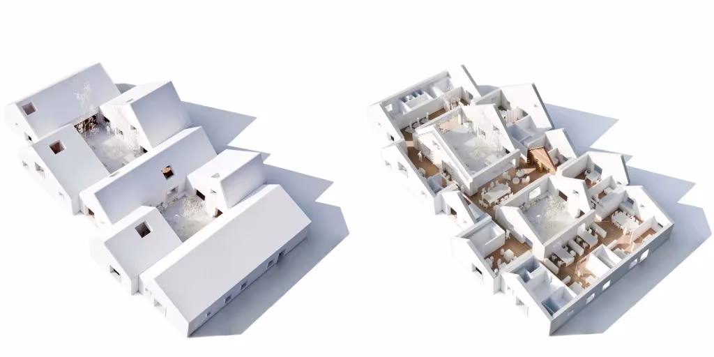 Dos axonometrías seccionadas de Livsrum de Effekt que muestran las casas de cubierta inclinada y su interior