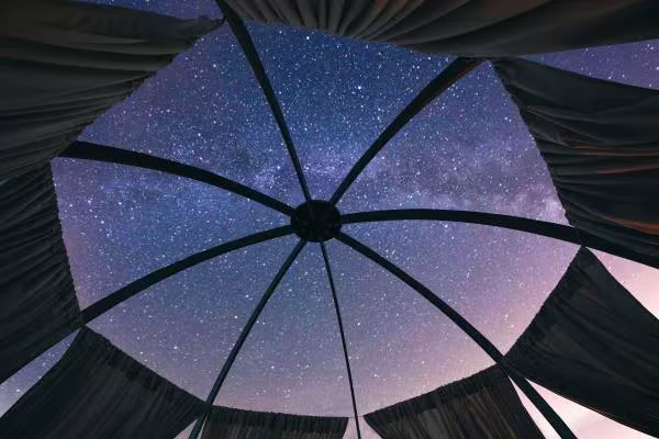 Cielo estrellado y la Vía Láctea vistos a través de la estructura radial de la cúpula Oasis por la noche