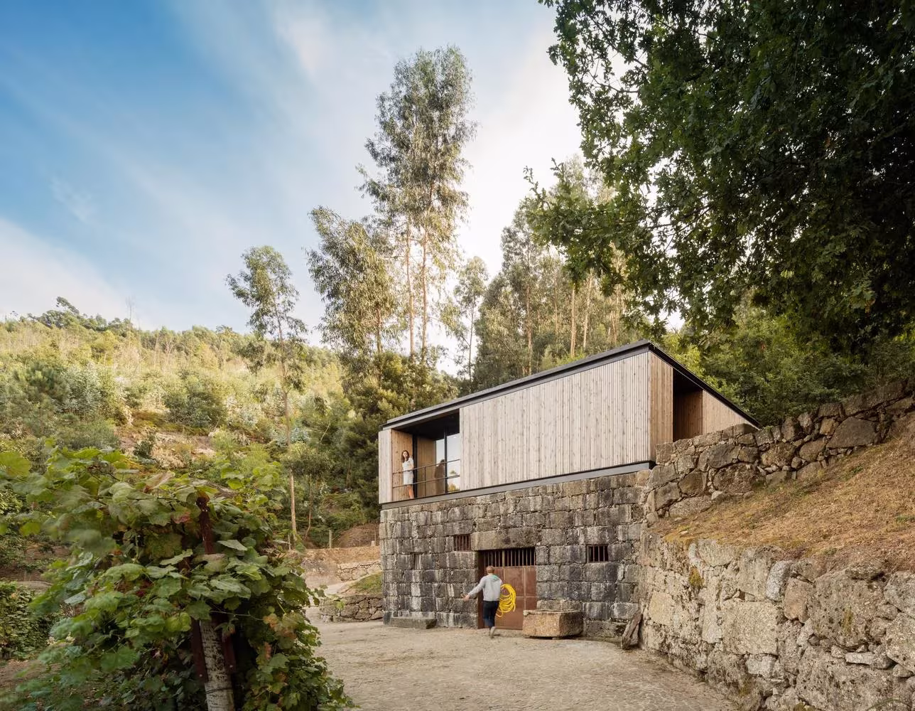 Vivienda de madera sobre el muro de piedra de la antigua bodega, entre viñas y pinos, en Guimarães