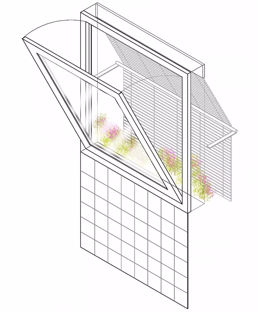 Dibujo axonométrico de una ventana abatible con persiana y jardinera en L'Àtic Vernacle