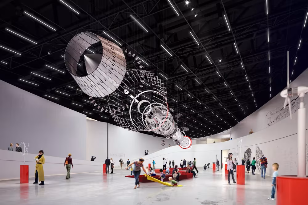 Recreación de la gran sala del MAAT con una instalación de anillos suspendidos y visitantes