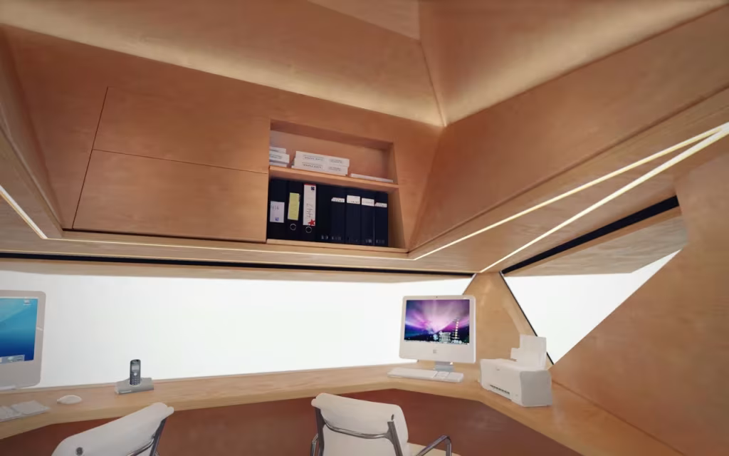 Interior de abedul de Tetra Shed con escritorio corrido, ordenadores, sillas y estantes