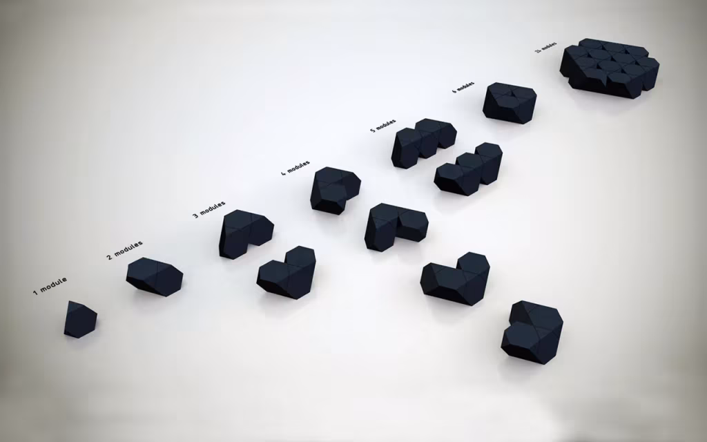 Maquetas negras que muestran cómo se agrupan los módulos de Tetra Shed en configuraciones crecientes