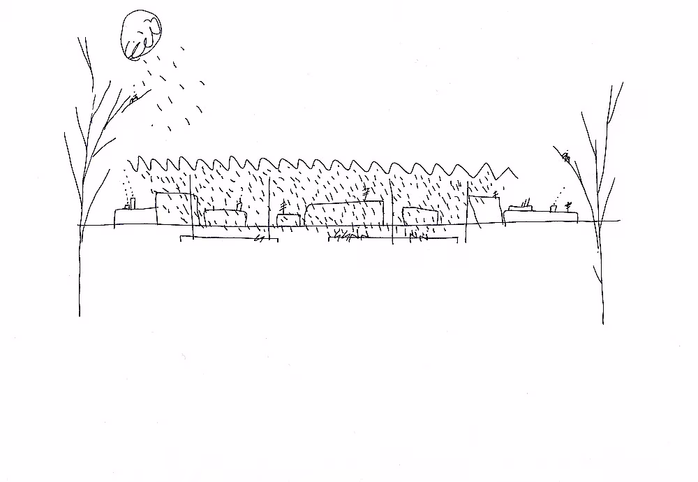 Boceto a mano alzada del Parque Venecia con árboles a ambos lados y vegetación sobre el talud