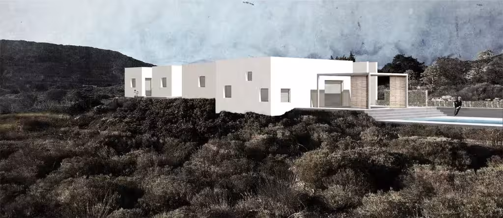 Fotomontaje de la Casa Kamari como conjunto de cubos blancos sobre un terreno de matorral