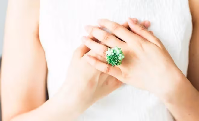 Manos sobre un vestido blanco con un anillo vivo de suculentas verdes de Susan McLeary