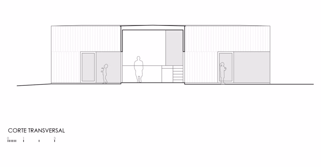 Corte transversal de una vivienda de volúmenes rectangulares con figuras humanas como escala