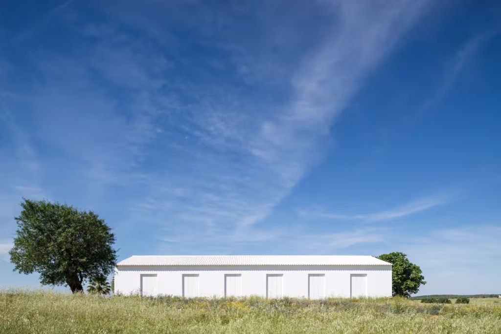 Pabellón blanco de habitaciones de Monte da Azarujinha en medio de un prado con árboles a los lados