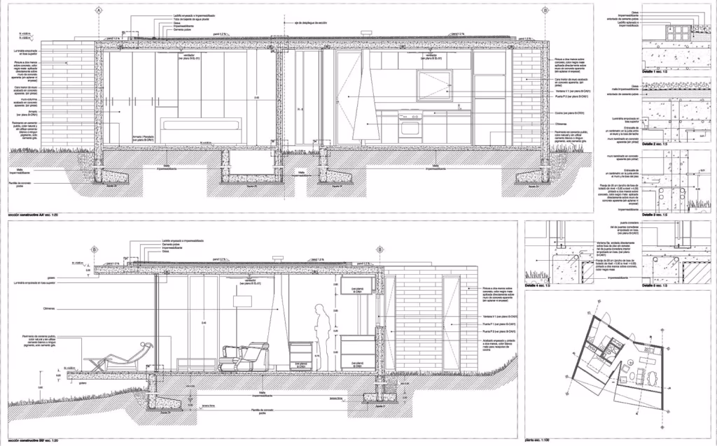 Secciones constructivas y detalles del Bungalow LMM de Cadaval & Solà-Morales