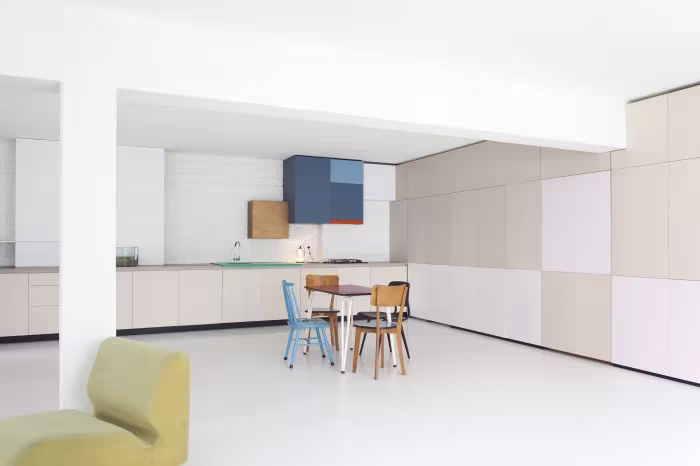 imagen general del proyecto Auwegemvaart, sala, cocina, escritorio...