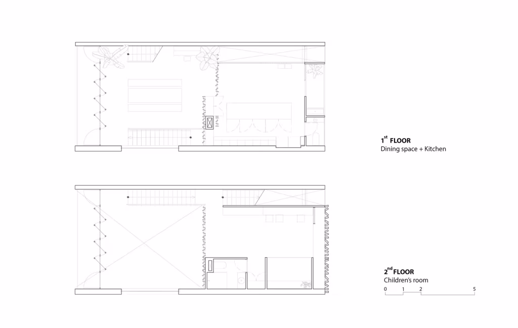 Plantas primera y segunda de Thong House con comedor, cocina y dormitorio infantil