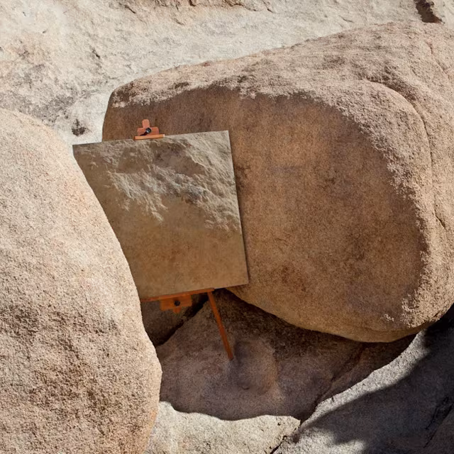 Espejo apoyado en un caballete entre grandes rocas graníticas de Joshua Tree, por Daniel Kukla