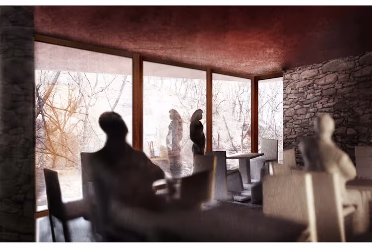 Rockview Teahouse, zona de te Maqueta de la sala de té con figuras sentadas a contraluz frente a ventanales y muros de piedra