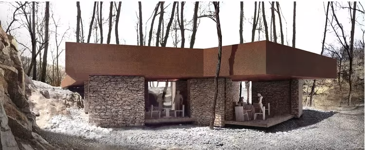 Estudio TAO (Trace Architecture Office). Rockview Teahouse, situada en el Parque Tashan, Rockview Teahouse con cubierta de acero corten sobre pilares de piedra entre troncos de árboles