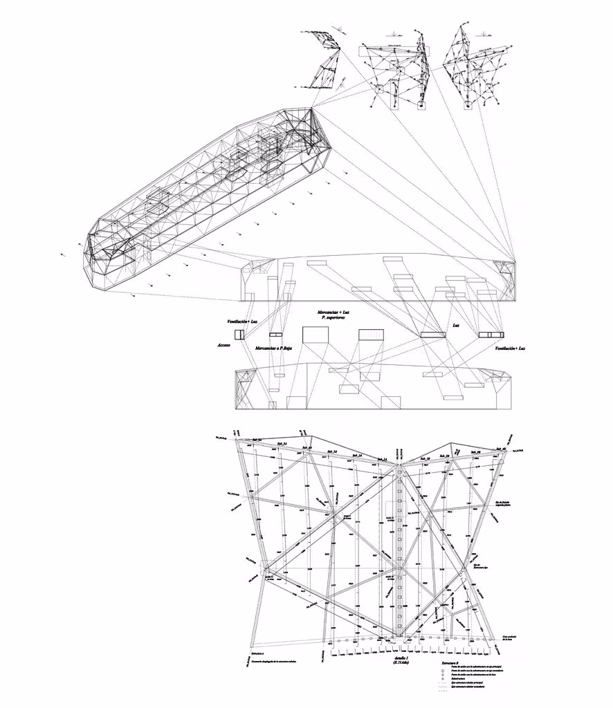 Dibujos técnicos de la estructura triangulada de Diagonal 80 en perspectiva, planta y alzado