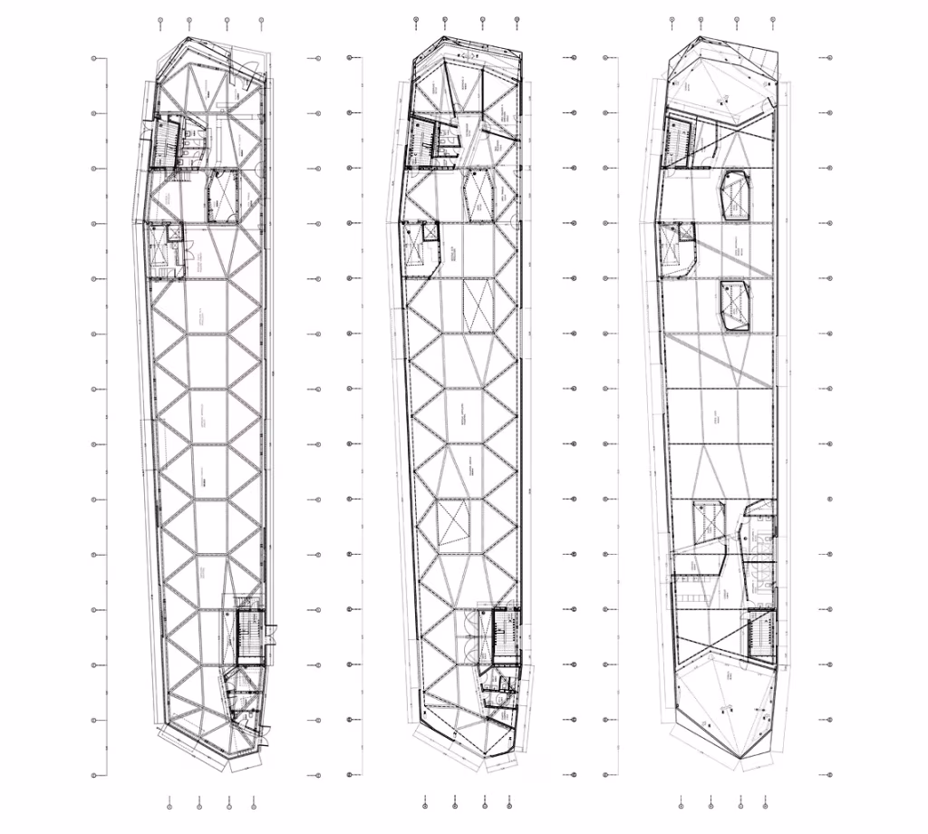 Tres plantas de la nave Diagonal 80 con la retícula estructural triangulada
