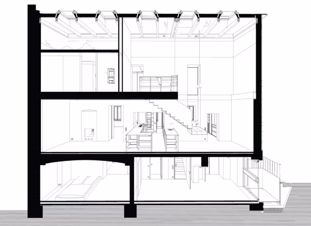 Sección longitudinal de la Casa MMB de asdfg Architekten con sus plantas, la escalera y el sótano abovedado