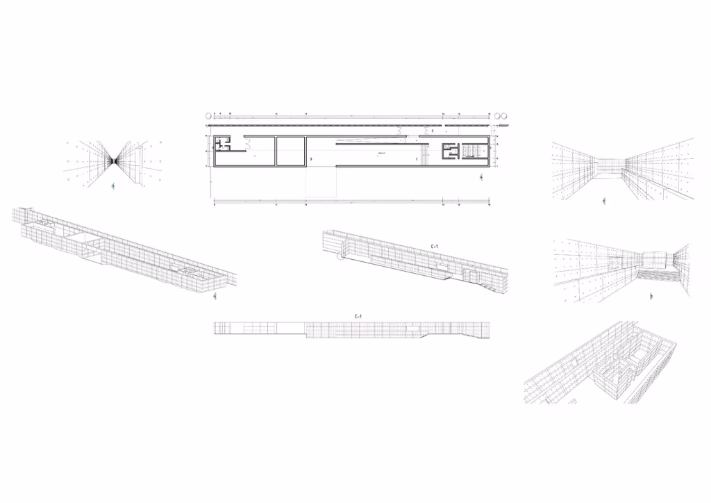 Plano de la Casa Wabi con planta, alzado y perspectivas del largo volumen bajo cubierta