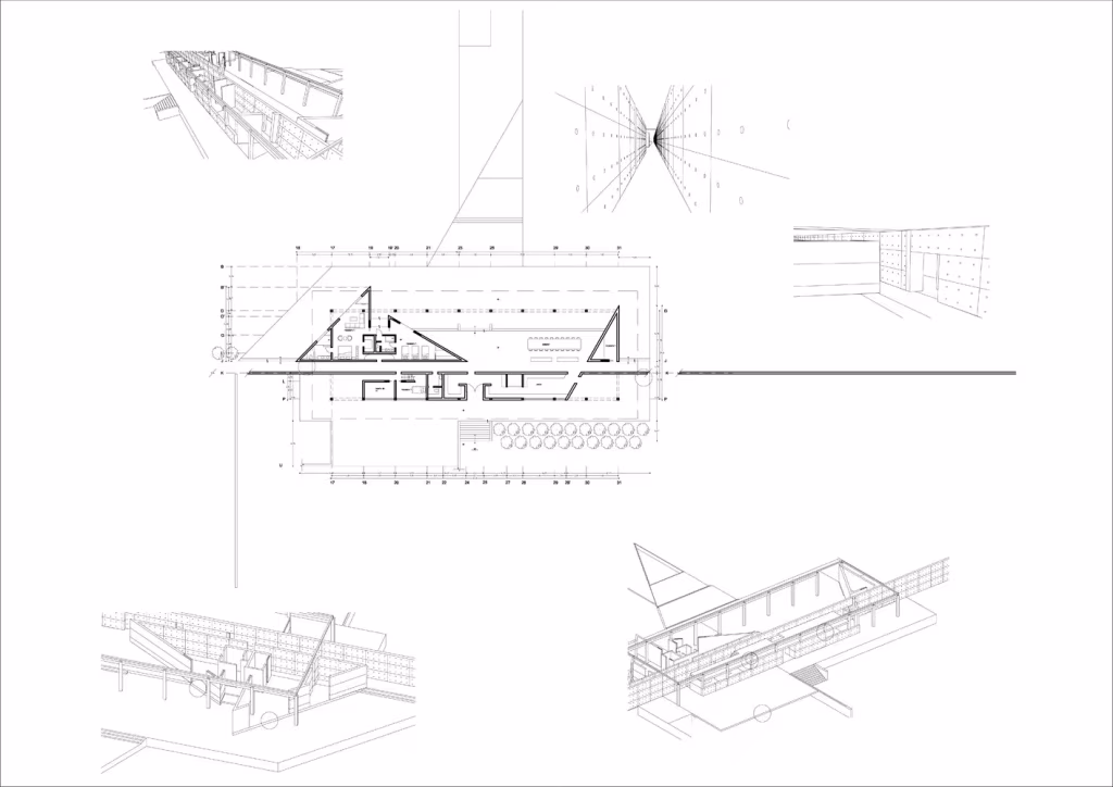 Lámina de dibujos de la Casa Wabi con planta, axonometrías y perspectivas del proyecto de Tadao Ando
