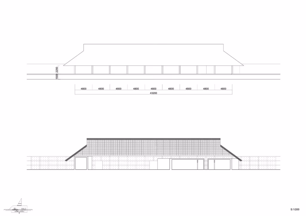 Alzados de la Casa Wabi de Tadao Ando con la gran cubierta a dos aguas sobre el basamento