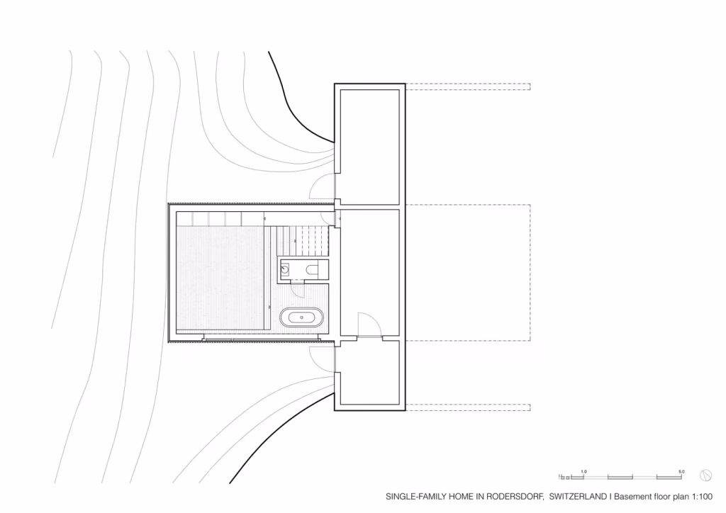 Plano de la planta sótano de la casa de Rodersdorf con las curvas de nivel del terreno