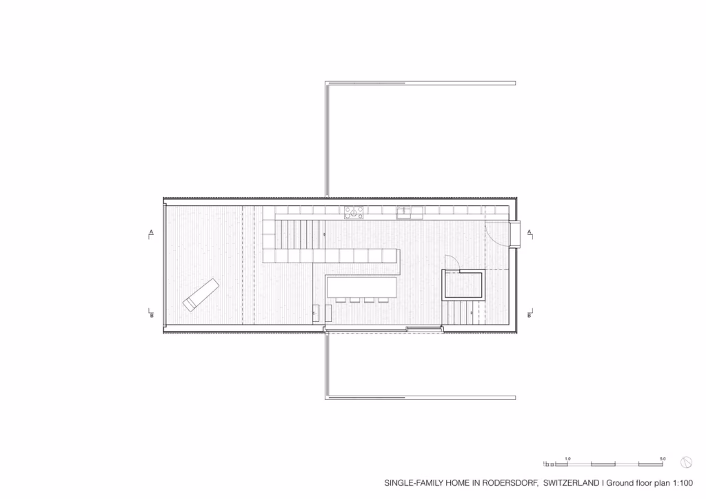 Plano de la planta baja de la casa de Rodersdorf con cocina, estar y accesos
