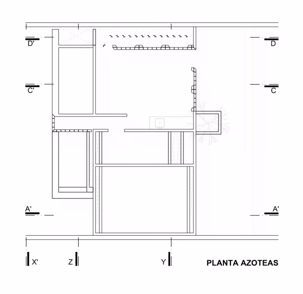 Plano de la planta de azoteas de la Casa Gabriela con las líneas de los cortes A, C y D