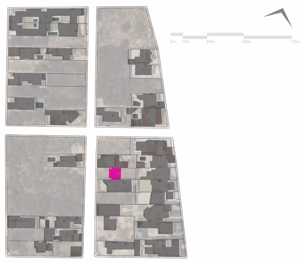 Plano de situación de las manzanas del barrio con la parcela de la Casa Gabriela marcada en rosa