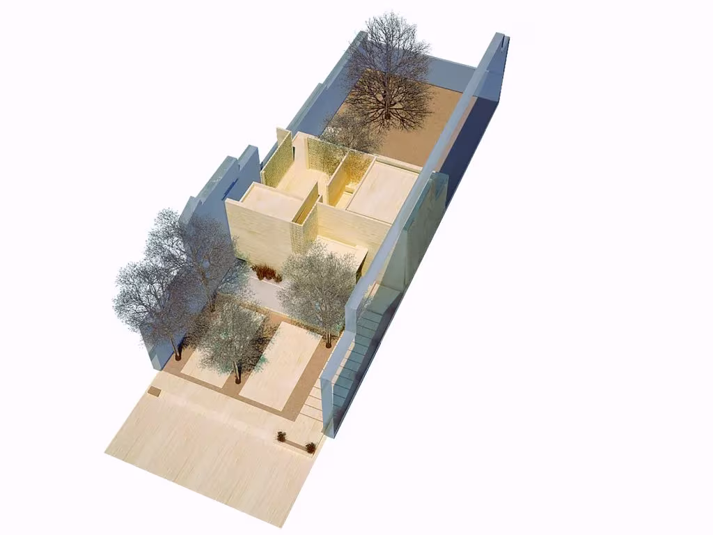 Axonometría de la Casa Gabriela entre medianeras, con volúmenes de habitaciones y árboles en los patios
