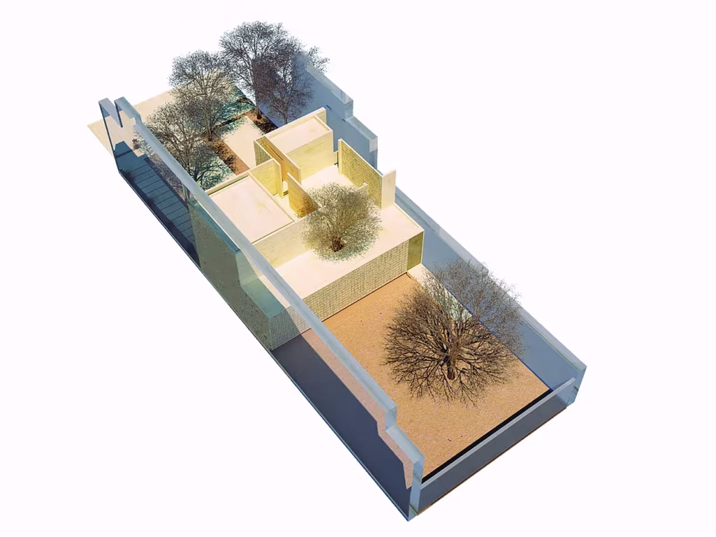 Esquema axonométrico de la Casa Gabriela con los volúmenes amarillos y los patios arbolados en parcela estrecha