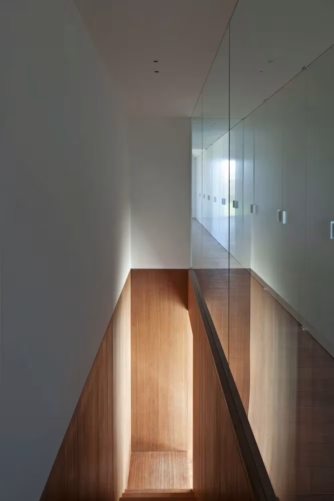 Hueco de escalera con luz natural, vidrio y paramentos de madera en la Casa DC II