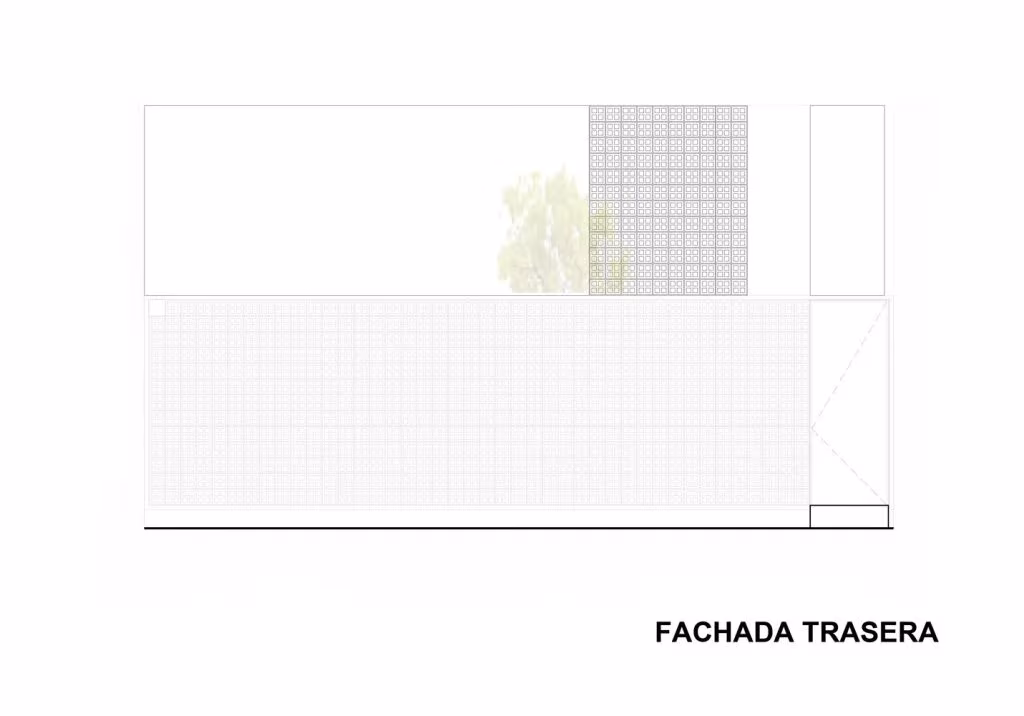 Alzado de la fachada trasera de la Casa Gabriela con paños de celosía de bloques