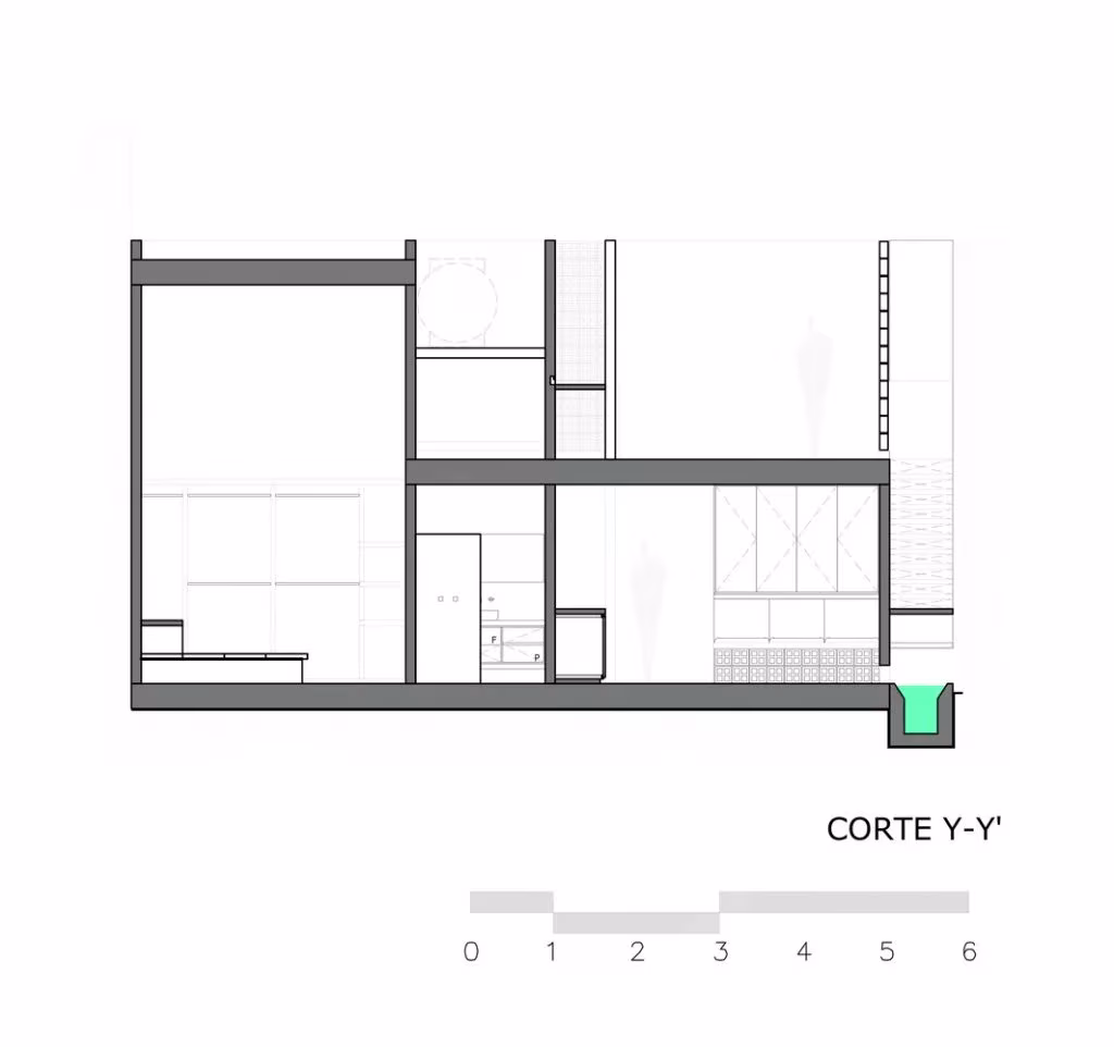 Sección Y de la Casa Gabriela con dos niveles, el canal de agua y el volumen de la planta alta